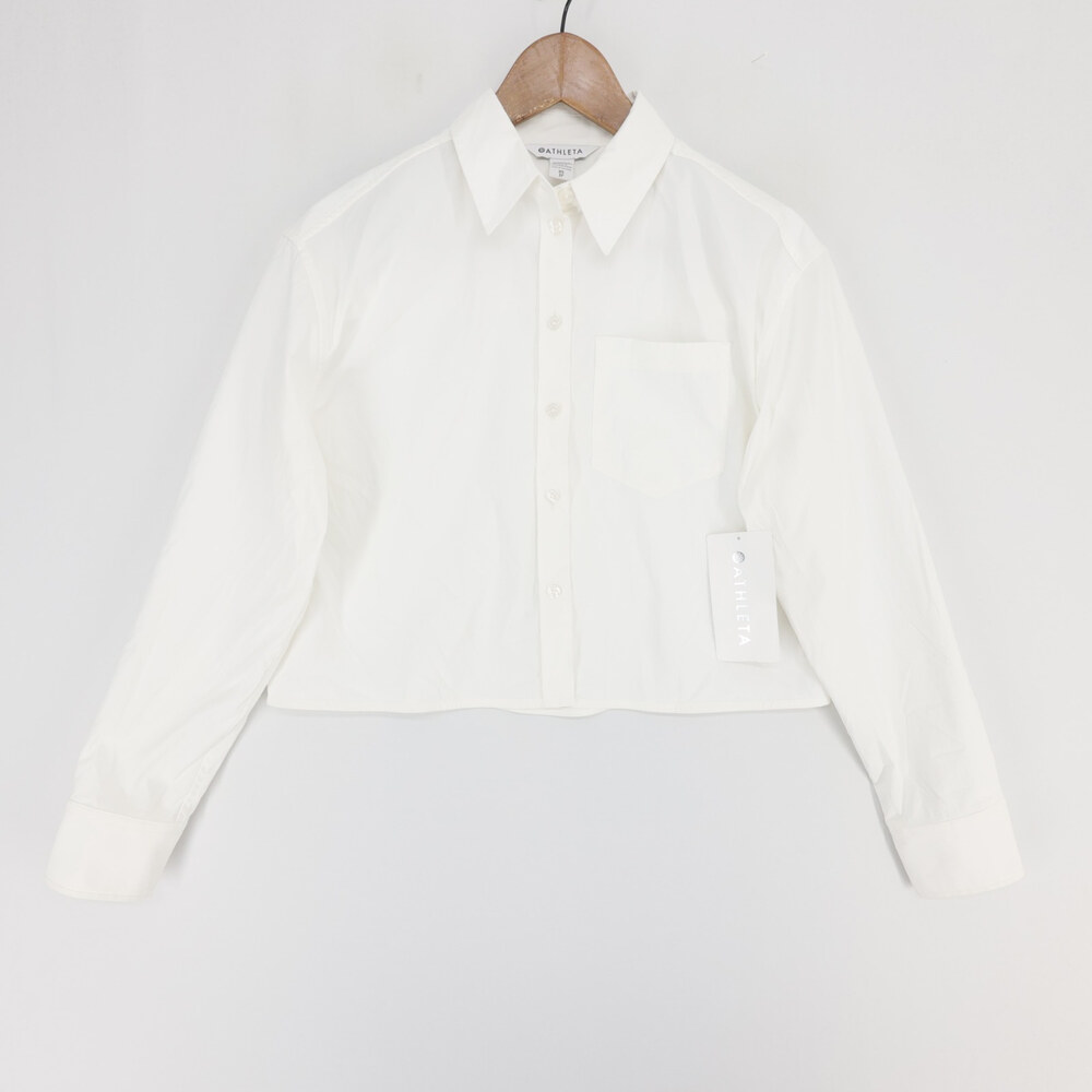 Athleta Midday Shirt Womens XS White Cropped Long Sleeve Button Up Poplin
